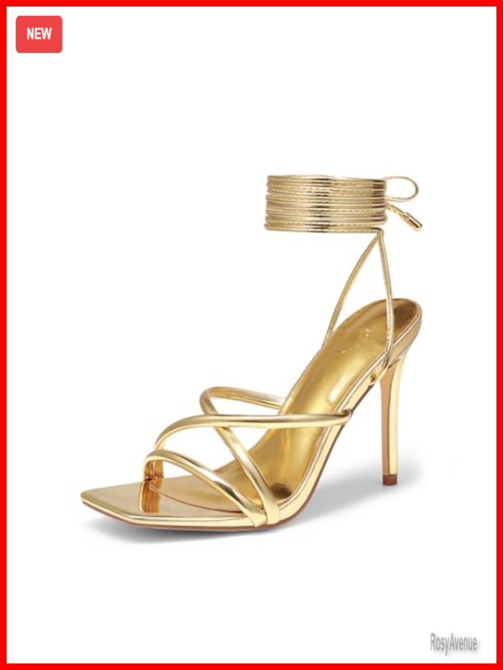 Strappy High Heeled Lace Up Sandals Square Toe Faux Leather